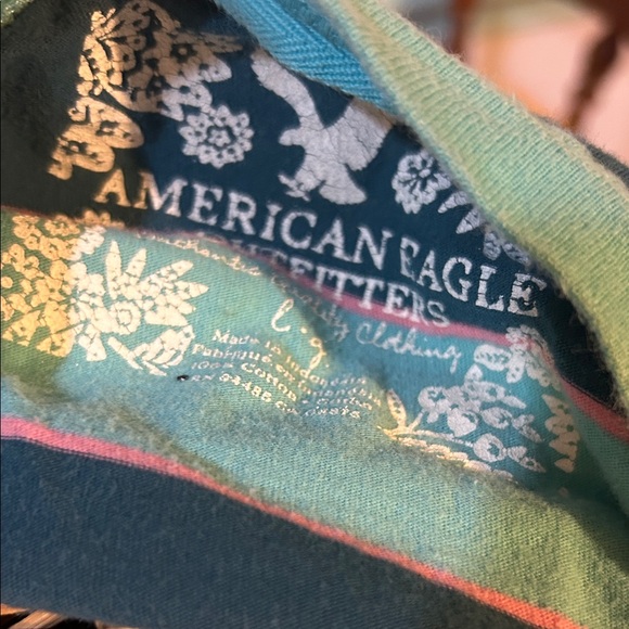 Y2K American Eagle Teal and Blue Striped Pocket Tee - Picture 2 of 6